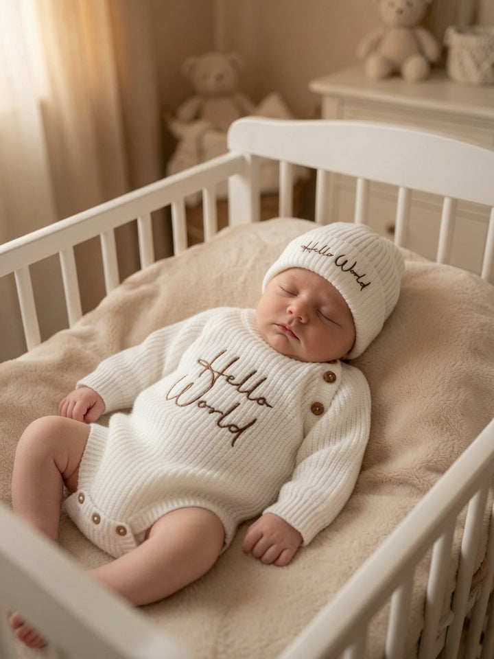 White Hello World Romper & Hat Set