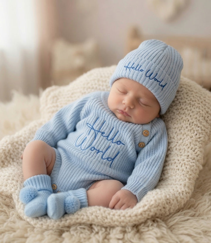 Blue Hello World Romper & Hat Set