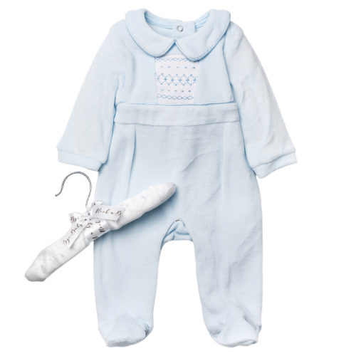 Baby boys two tone ivory & light blue romper with embroidered smocked panel