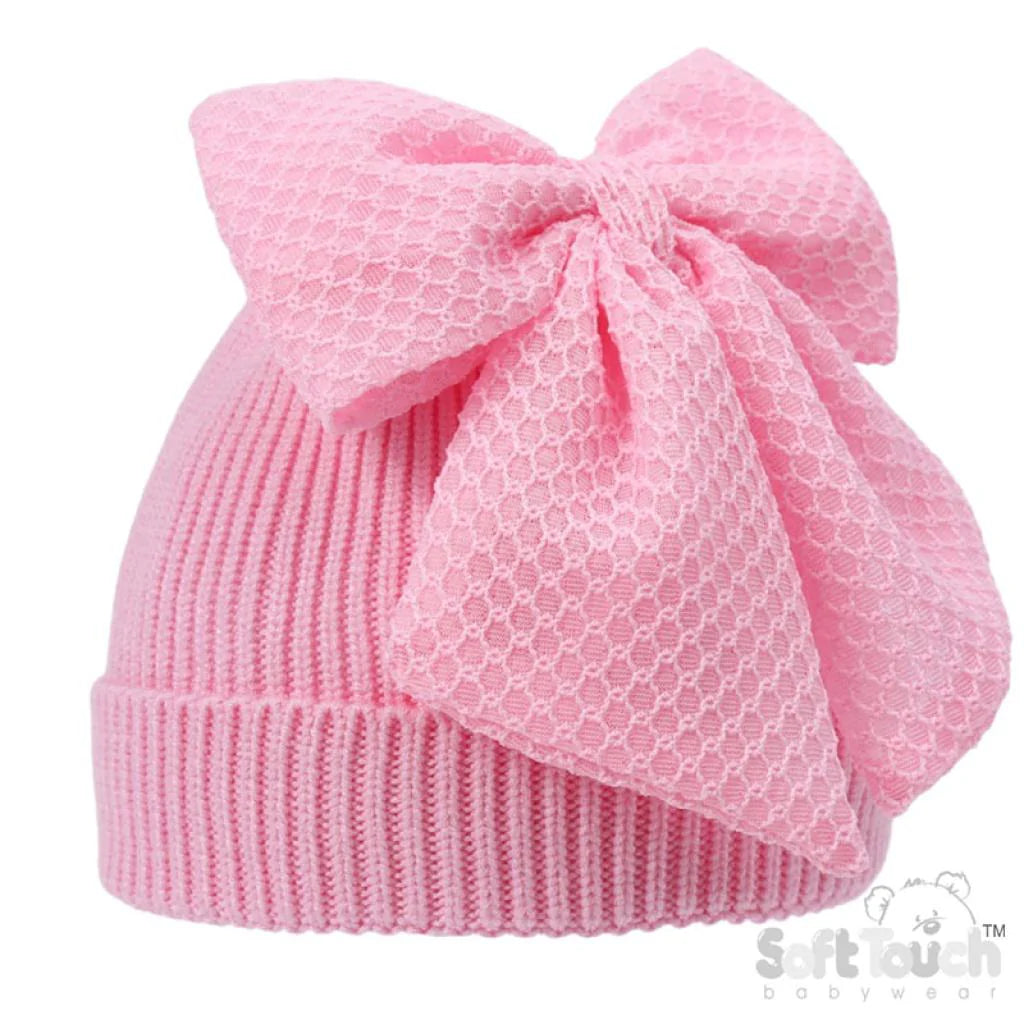 Pink Chenille Bow Ribbed Hat