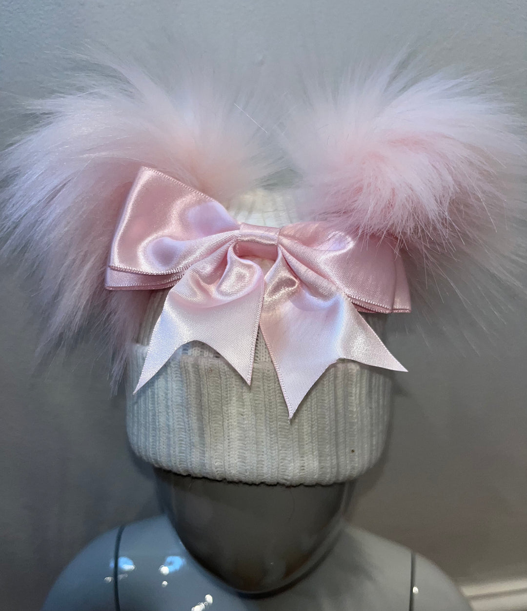White & Pink Bow Double Pom Hat