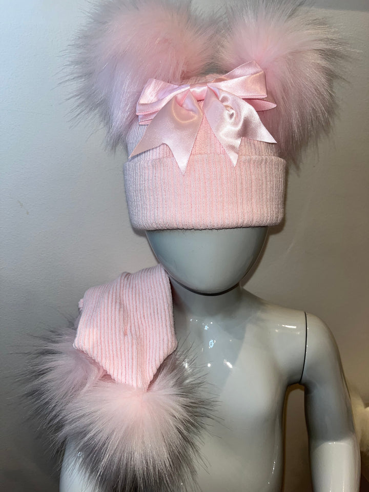 Pink Bow Double Pom Hat
