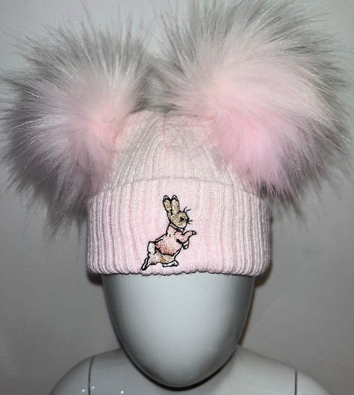 Pink Rabbit Double Pom Hat
