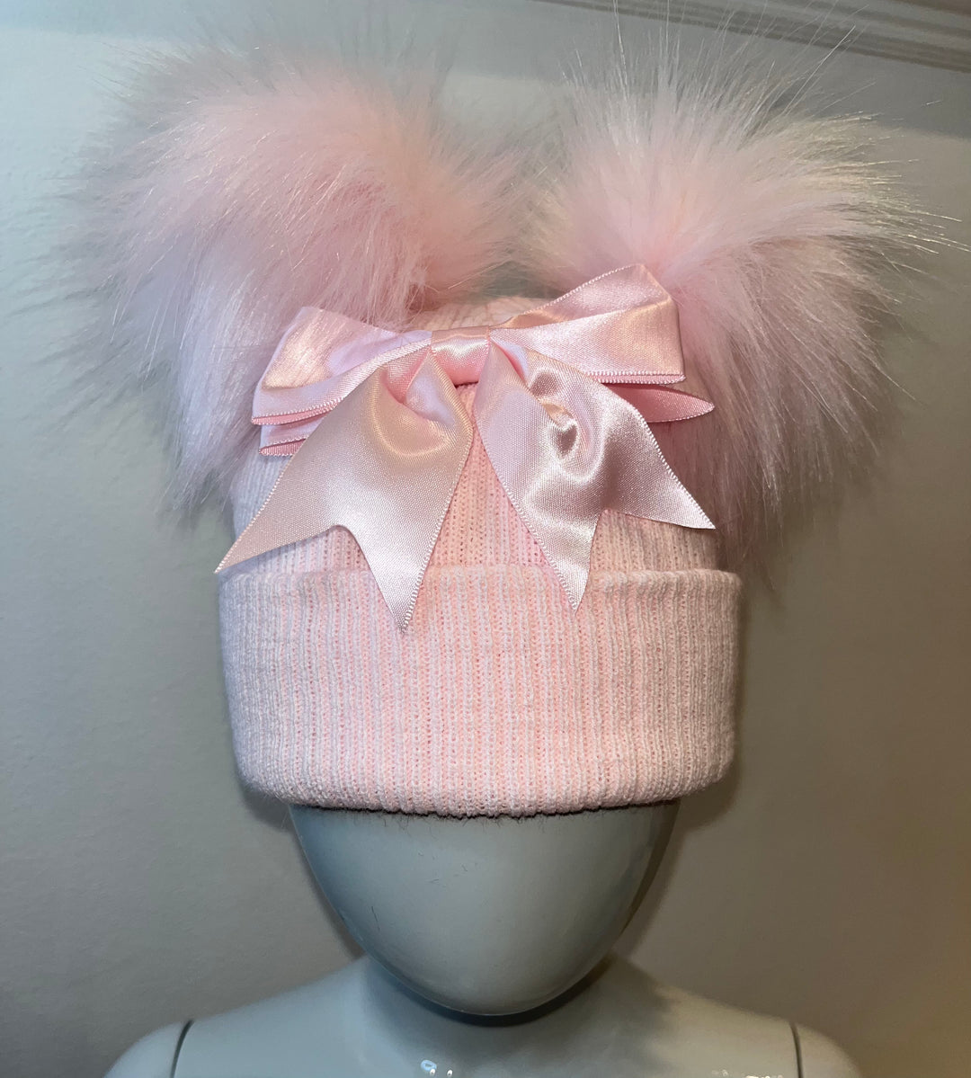 Pink Bow Double Pom Hat