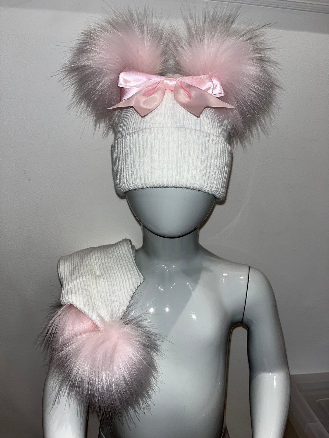 White & Pink Bow Double Pom Hat